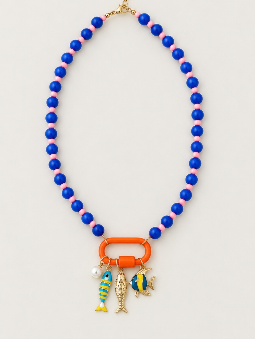 New! Blue Pink Beaded Fish Carabiner Necklace NWOT 5038